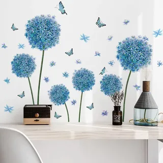 WandSticker4U®- Wandtattoo PUSTEBLUME blau (105x69 cm) I Wandsticker Blumen groß Löwenzahn Schmetterlinge I Wanddeko Wohnzimmer Schlafzimmer Kinderzimmer Badezimmer Küche Flur Möbel Aufkleber XXL