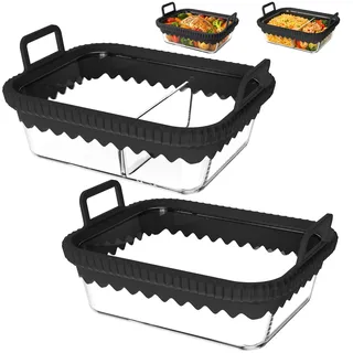 2er Set Glas Auflaufform für Airfryer, Rechteckige Glas Backform mit Silikonrand, Hitzebeständiger Glasbehälter für Heißluftfritteuse, Backofen, Mikrowelle, Spülmaschinengeeignet (Schwarz)