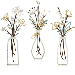 virkwuy 3 Stück Metall Blumen Wanddekoration, Metallbilder Wanddeko, Wandkunst mit Metallblumen, Geeignet für die Wanddekoration im Wohn- und Schlafzimmer, zur Steigerung des Ästhetischen Werts