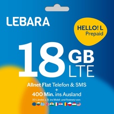 Lebara Prepaid SIM-Karte mit Hello! L Prepaid Tarif ohne Vertrag | Allnet Flat Telefonie & SMS, 18 GB Datenvolumen inkl. LTE und 400 Frei-Min. ins Ausland...