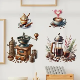 COVPAW Wandtattoo Kaffee Zeit Becher Tasse Wandaufkleber Selbstklebend Ecke Cafe Cappuccino Latte Macchiato Espresso Wohnzimmer Küche Wandsticker Wanddeko (COFFEE SET)