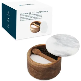 KITCHENDAO Salzstreuer mit Deckel und Eingebautem Löffel, Akazienholz Salzdose Salz- und Pfefferstreuer mit Grauem Marmordeckel Salztopf, Salzstreuer Holz Salzbehälter Dual 5Oz Kapazität