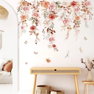 wondever Wandtattoo Hängende Blumen Boho Wandaufkleber Rosen Blüten Blumen Rebe Wandsticker Wanddeko für Wohnzimmer Schlafzimmer