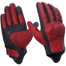 Harssidanzar Herren Motorradhandschuhe Ziegenleder Vollfinger Atmungsaktives und Perforiertes Design Touchscreen Sommer Motorradhandschuhe CM043EUA, C2-Rot,Größe XS