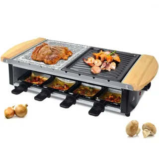 Syntrox Germany Raclette-Grill 8 Personen 1200W mit Steinplatte Bambus - Schwarz