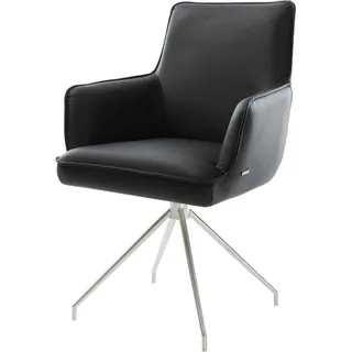 DeLife Drehstuhl Heira-Flex mit Armlehnen Echt-Leder Schwarz Kreuzgestell konisch Edelstahl 180° drehbar Taschenfederkern, Esszimmerstühle