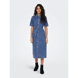 Jeanskleid ONLY "ONLLANA SS LONG DRESS DNM REA258 NOOS", Damen, Gr. XS, N-Gr, blau (medium blau denim), Denim/Jeans, Obermaterial: 91% Baumwolle, 7% Polyester, 2% Elasthan, unifarben, regular fit wadenlang, V-Ausschnitt, Kleider Jeanskleid