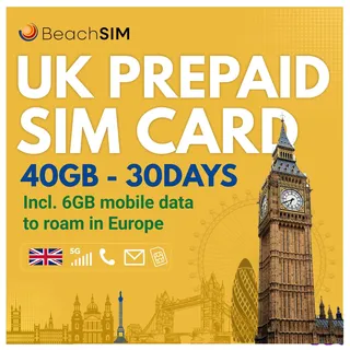 BeachSIM Prepaid UK SIM Karte. 40 GB Datenvolumen mit 4G/5G-Netzen. Funktioniert in über 70 Ländern. Völlig anonym. Britische Nummer inklusive. Kompatibel mit Android und iOS.