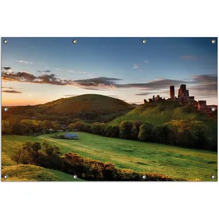 Wallario Outdoor-Poster für Garten oder Balkon, Motiv Schlosspanorama in England bei Sonnenaufgang, in ca. 100 x 150 cm - Schwarz