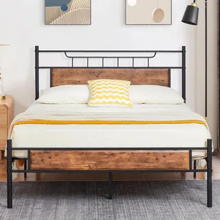 VECELO Bett Retro 140x200 cm Metallbett mit Lattenrost, Bettgestell Doppelbett mit Dick Holzkopfteil, Gästebett Jugendbett perfekt für Schlafzimmer Gästezimmer, Braun