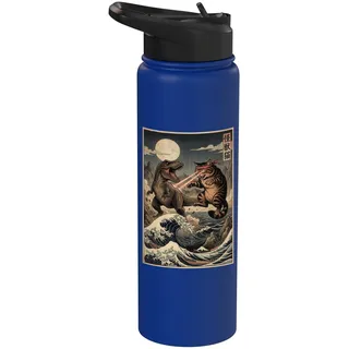Vintage Retro Cat Vs Monster Trex Japanisch Japan Ukiyo-e Art Stainless Steel Insulated Water Bottle