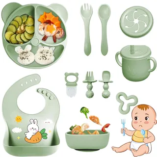 Bizcasa 9 Stück Silikon Baby Geschirrset, Rutschfest Kindergeschirr Set, Kindergeschirr mit Saugnapf, Rutschfest Baby Schüssel,Baby-Teller, Baby-Besteckset für Kleinkinder, BPA Frei (Dunkelgrün)