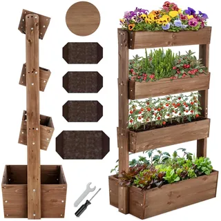 tectake® Vertikalbeet mit 4 Etagen, Hochbeet aus Holz, Pflanztreppe, Hochbeet Balkon, Blumenbeet, Kräuterbeet, Gemüsebeet, Pflanzenregal, Blumenkasten Holz mit Pflanzvlies - braun, 85 x 45 x 140 cm