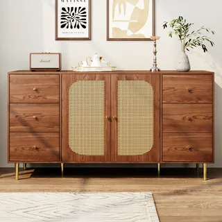 Flieks Kommode Rattan-Sideboard mit 2 Türen und 6 Schubladen, Wohnzimmerschrank 160x40x90 cm, Stehschrank TV Tisch, Holzfarbe - Naturbelassen