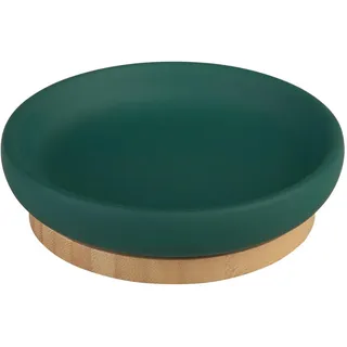 Sadena Seifenschale , Dunkelgrün , Keramik, Holz , Bambus , Uni , 3.4 cm , Badaccessoires, Seifenschalen