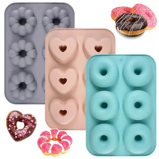 3 Stück Donuts Backform,26 x 18 cm Donut Form,Silikon,6-Loch Donutform,Rund, Blumenförmig und Herzförmig,Rosa,Grün und Grau,Donut Silikonform,Bagel Backform für Donuts,Bagels,Muffins und Cupcakes