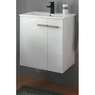 furn.design Waschtisch Set Dense in weiß Lack Hochglanz und Eiche inkl. Waschtisch hängend - weiß Naturbelassen