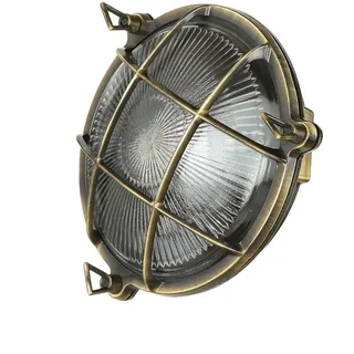 Licht-Erlebnisse Außenleuchte Wand Messing Glas in Antik IP64 Balkon Garten Ø21 cm E27 rund Gitter Maritim Rustikale Schiffsleuchte Wandlampe SERIFOS