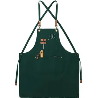 FunChaos Canvas Schürzen, Kochschürzen, Arbeitsschürzen für Männer Frauen, Schürzen mit verstellbarem Gurt und 3 Taschen, Schürze für Kellner Küche Kochen Backen Künstler Malerei, Kreuz zurück (Grün)