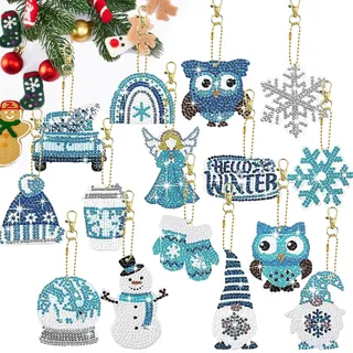 Scinzene Diamond Painting Weihnachten Anhänger, 16 Stück 5D Diamant Painting Schlüsselanhänger, DIY Schneeflocken, Eulen und Weihnachtsbaum Anhänger Set für Dekoration und Geschenke