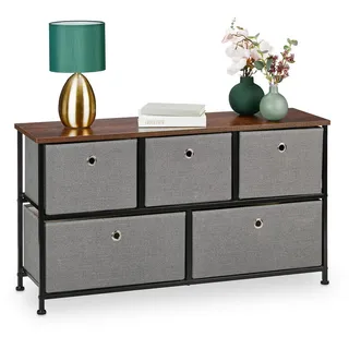 Relaxdays Kommode, HxBxT: 54,5 x 100 x 30 cm, Sideboard Stoff & Stahl, 5 Schubladen, Industrial Flurkommode, grau/braun