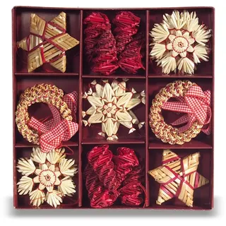 Heitmann Deco Strohstern Set 25-teilig – Weihnachtlicher Christbaumschmuck aus Naturmaterial – Stroh-Anhänger mit rotem Band für Tannenbaum & Deko