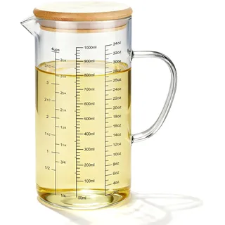 1L Messbecher Glas, Hitzebeständiges Borosilikatglas mit Griff und Skala, Präzise Messskala Messbecher mit Deckel, Glasmessbecher für Küche und Backen