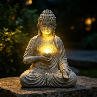 Yarteim Buddha Figur Garten mit LED Solar Lotus, 24cm Sitzende Buddha Statue, Budda Gartendeko für Draußen Wetterfest, Meditation Gartenfiguren Solarlichter Feng Shui Skulptur für Innen und außen