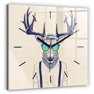Wallfluent Wanduhr – Stilles Quarzuhrwerk - Uhr Dekoration Wohnzimmer Schlafzimmer Küche - Zifferblatt mit Striche - schwarze Zeiger - 30x30 cm - Abstrakte Hirsche - Beige