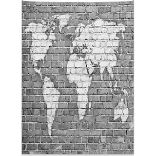 Abakuhaus Antiquität Wandteppich, Weltkarte auf Old Brick aus Weiches Mikrofaser Stoff Kein Verblassen Klare Farben Waschbar, 110 x 150 cm, Hellgrau Weiß - Weiß