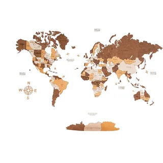 Woodvio - 3D-Holzweltkarte, dekorative Wandkunst für Zuhause und Büro - Größe Mittel (120x62cm)