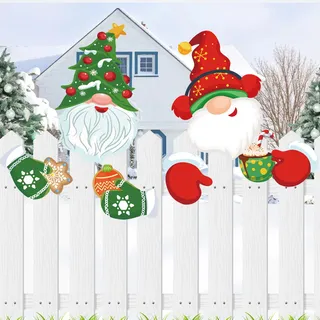Pwsap 2 Stück Zaun Dekoration Weihnachtszaun Garten Hof Kunst Zeichen Pfähle,Hof Dekorationen Gnom Spähen Zeichen Rasen im Freien Zaundekoration für Die Gartendekoration Innenhofdekoration