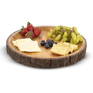 GoCraft Runde Servierplatte aus Holz mit Baumrinde an den Kanten, Mangoholz-Pizzateller, Servierbrett, Charcuterieplatte, 33 cm