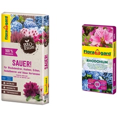 Floragard Bio-Erde Sauer 1x40 Liter - für Rhododendren, Heidelbeeren, Azaleen und Blaue Hortensien & Rhodohum 40 L • Spezialerde • für Rohododendron, Azaleen, Blaubeeren und andere Moorbeetpflanzen