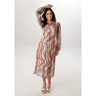 Midikleid ANISTON SELECTED, Damen, Gr. 42, N-Gr, beige, hellblau, camel, terra, rauchblau, rotbraun, Mesh, Jersey, Obermaterial: 95% Polyester, 5% Elasthan. Futter: 95% Viskose, 5% Elasthan, bedruckt, gemustert, gestreift, figurumspielend wadenlang, V-Ausschnitt, Kleider Midikleid, V-Ausschnitt mit Rüschen und Bindebändern