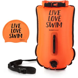Buddyswim Set Freiwasser Schwimmboje 20 Liter und Badekappe. Sicherheitsschwimmboje für das Schwimmen im offenen Wasser Schwimmhilfe mit wasserdichtem Beutel und Silikonkappe.