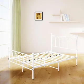 MODFU Klassische Betten Metallbett 140 x 200 cm mit Metallrahmen, Doppelbett Jugendbett mit Eisen Kopfteil, Weiß(Ohne Matratze), europäischer Stil - Weiß
