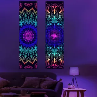 Alishomtll 2 Pack Mandala Wandteppich Wandbehang UV Reaktive Böhmische Vertikale Wandtuch Indischen Pfau Trippy Hippie Wandteppich für Schlafzimmer Wohnzimmer 120x32.5cm