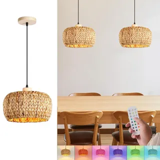 KZT E27 Hängelampe mit Batterie Glühbirnen Vintage Boho Rattan Lampe RGB Pendelleuchte Dimmbar mit Fernbedienung Hängeleuchte Natürlich Bambus und Holz Retro Pendellampe für Schlafzimmer Esszimmer