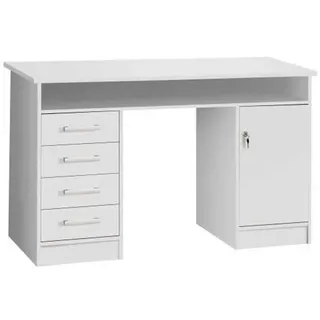 Forte NET106 Weißer Schreibtisch 120 130, Funktionaler Schreibtisch mit 4 Schubladen und 1 Tür, Home Office, Büro, Computertisch, Holzwerkstoff, Weiß, 126 cm breit x 75,8 cm hoch x 55 cm tief