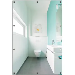 Wallario Outdoor-Poster für Garten oder Balkon, Motiv Badezimmer Gästetoilette Innenansicht - WC und Waschbecken, in ca. 100 x 150 cm - Türkis