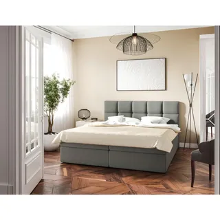 Mid.you Boxbett , Grau , Holz, Textil, Holzwerkstoff , H3 , Höhe ca. 19 cm , 180x220 cm , Bettkasten, gepolstertes Kopfteil, Stoffauswahl, Topper durchgehend, in verschiedenen Größen erhältlich , Holzmöbel, Holzbetten, Boxspringbetten Holz