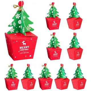 10 Stück Weihnachtsgeschenkboxen, 3D Weihnachtsbaum Candy Boxen mit Glocke und Goldfaden, Papier Geschenkboxen für Süßigkeiten, Cupcakes, Pralinen, Weihnachts Party Deko