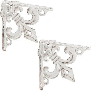 Relaxdays Regalwinkel antik, 2er Set, Regalträger Gusseisen, Lilien Ornament, Vintage Wandwinkel für Regalboden, weiß