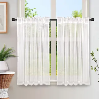 Heveer Scheibengardine Halbtransparente Vorhänge Weiß Halb Bistrogardine Fenstervorhang Deko für Wohnzimmer Küche Landhaus 2er Set 65x115 cm
