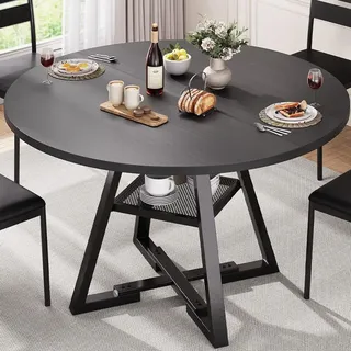 Jocoevol Esstisch Runder für 2–4 Personen, Esszimmertisch mit Ablage, platzsparender Küchentisch aus Holz im Industrial Design (Schwarz, 107x107x76cm)