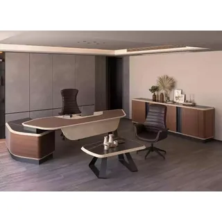 Moderner Arbeitszimmer Set Luxus Möbel Eckschreibtisch Sideboard Massivholz - Braun