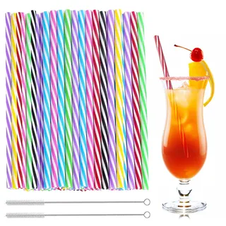 woobroo 100 Stück Strohhalme Plastik, Trinkhalme Plastik Strohhalme Wiederverwendbar mit 2 Strohhalmbürste für Smoothies, Saft, Heißgetränk und Cocktail, Regenbogenstreifen