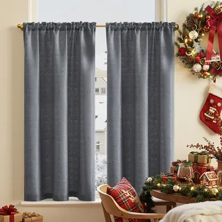 TOPICK Scheibengardine Leinenoptik Bistrogardine 2er Set 115Hx90B cm Uni Kurzer Küche Vorhänge Gewebe Gitter Lichtdurchlässig Paarig Schals für Wohnzimmer Landhaus Kleine Fenster Grau