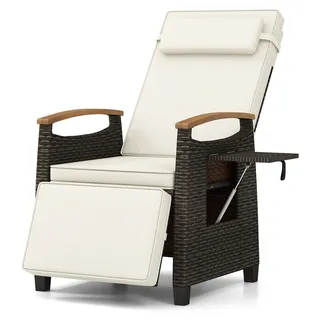 COSTWAY Gartensessel mit Liegefunktion, Polyrattan Gartenstuhl Liegestuhl mit Kissen, verstellbarer Rückenlehne & hochklappbarem Beistelltisch, Beige - Braun, Weiß